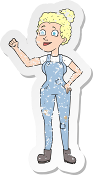retro distressed sticker of a cartoon woman in dungarees png