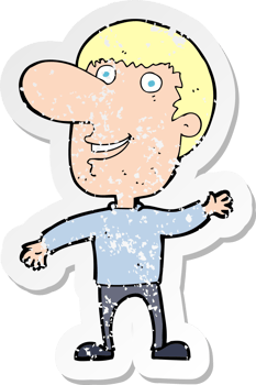 retro distressed sticker of a cartoon waving man png