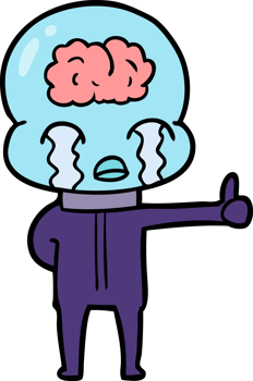 cartoon big brain alien crying but giving thumbs up symbol drawing png