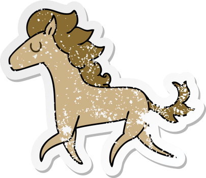 distressed sticker of a quirky hand drawn cartoon running horse png