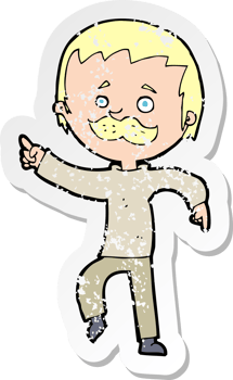 retro distressed sticker of a cartoon man with mustache pointing png