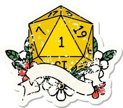 natural one d20 dice roll grunge sticker png