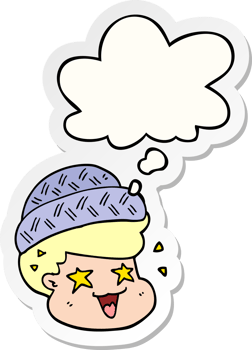 cartoon boy wearing hat and thought bubble as a printed sticker png