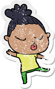 distressed sticker of a cartoon calm woman png