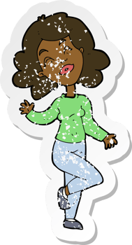 retro distressed sticker of a cartoon happy woman dancing png