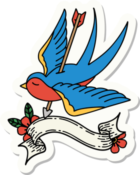 tattoo style sticker with banner of a swallow shot through with arrow png