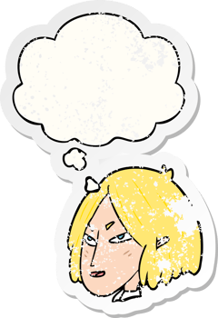 cartoon woman with thought bubble as a distressed worn sticker png