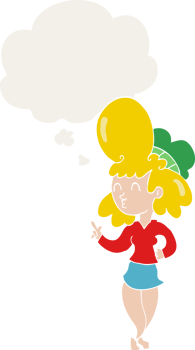 cartoon woman with big hair with thought bubble in retro style png