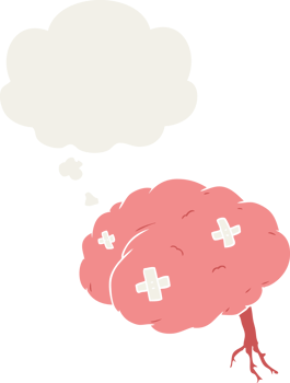 cartoon injured brain with thought bubble in retro style png