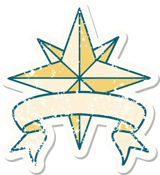 worn old sticker with banner of a star png