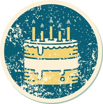 iconic distressed sticker tattoo style image of a birthday cake png
