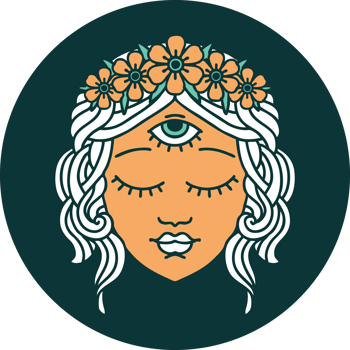 iconic tattoo style image of female face with third eye and crown of flowers png