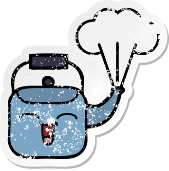 distressed sticker of a cute cartoon steaming kettle png