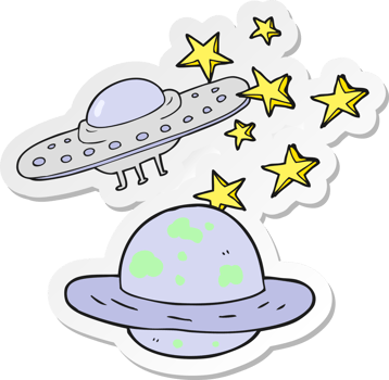 sticker of a cartoon flying saucer and planet png