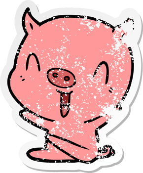 distressed sticker of a happy cartoon sitting pig png