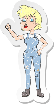 retro distressed sticker of a cartoon confident farmer woman png
