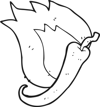 hand drawn black and white cartoon flaming hot chilli pepper png