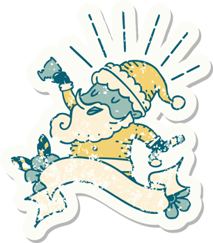 worn old sticker of a tattoo style santa claus christmas character celebrating png