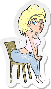 retro distressed sticker of a cartoon woman posing on chair drawing png