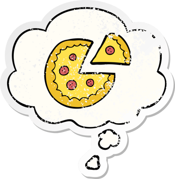 cartoon pizza with thought bubble as a distressed worn sticker png
