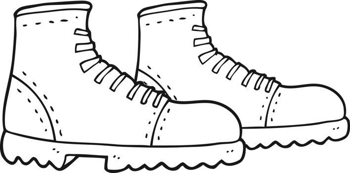 hand drawn black and white cartoon walking boots png