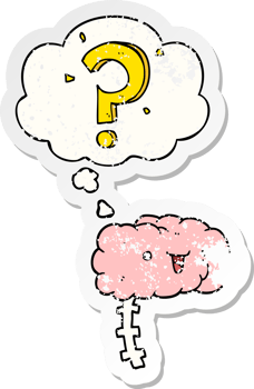 cartoon curious brain with thought bubble as a distressed worn sticker png