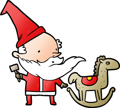 cartoon santa or elf making a rocking horse png
