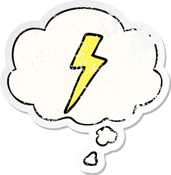 cartoon lightning bolt with thought bubble as a distressed worn sticker png