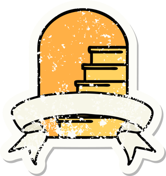 worn old sticker with banner of a doorway to steps png