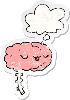 happy cartoon brain with thought bubble as a distressed worn sticker png