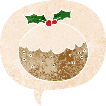 cartoon christmas pudding with speech bubble in grunge distressed retro textured style png