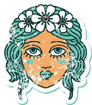 iconic distressed sticker tattoo style image of female face with crown of flowers png