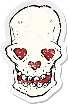 retro distressed sticker of a cartoon skull with love heart eyes drawing png