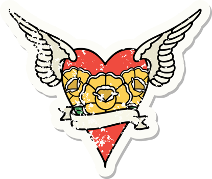 distressed sticker tattoo in traditional style of a heart with wings and banner png