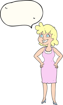hand drawn speech bubble cartoon happy woman wearing dress png