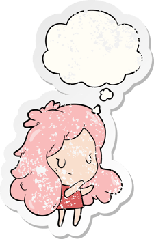 cartoon girl with thought bubble as a distressed worn sticker png