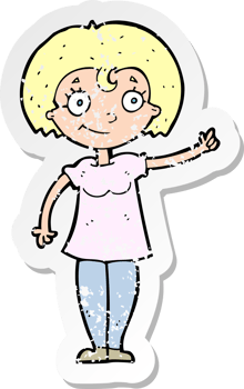 retro distressed sticker of a cartoon happy woman pointing drawing png