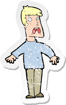 retro distressed sticker of a cartoon terrified man drawing png