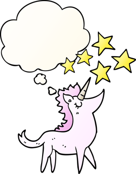 cartoon unicorn with thought bubble in smooth gradient style png