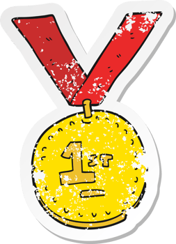 retro distressed sticker of a cartoon first place medal png
