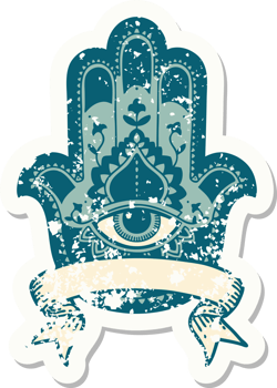 worn old sticker with banner of a hamza png