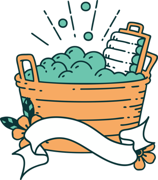 scroll banner with tattoo style old washboard and scrubbing bowl png