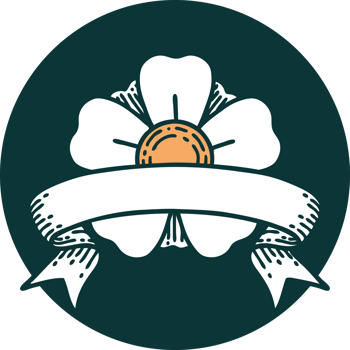 tattoo style icon with banner of a flower png
