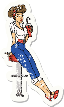 distressed sticker tattoo in traditional style of a pinup girl drinking a milkshake png