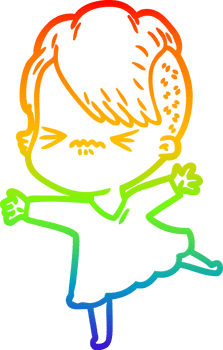 rainbow gradient line drawing of a cartoon annoyed hipster girl png