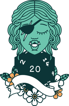 Retro Tattoo Style half orc rogue with natural twenty dice roll png