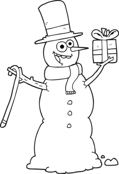 black and white cartoon snowman holding present png