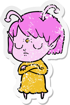distressed sticker of a cartoon alien girl png