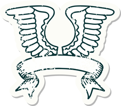worn old sticker with banner of a wing png