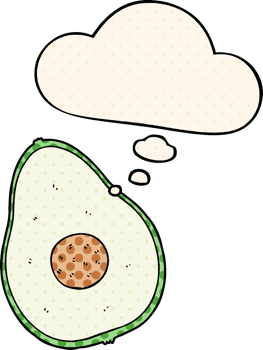cartoon avocado with thought bubble in comic book style png
